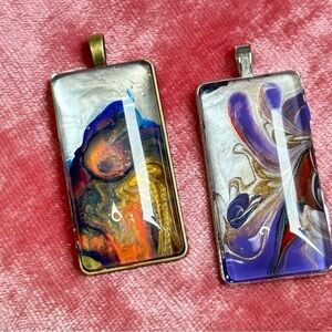 Fluid Art, Acrylic Hand Paint Pendants, Abstract, Glass cabochon 2 In Set 1876